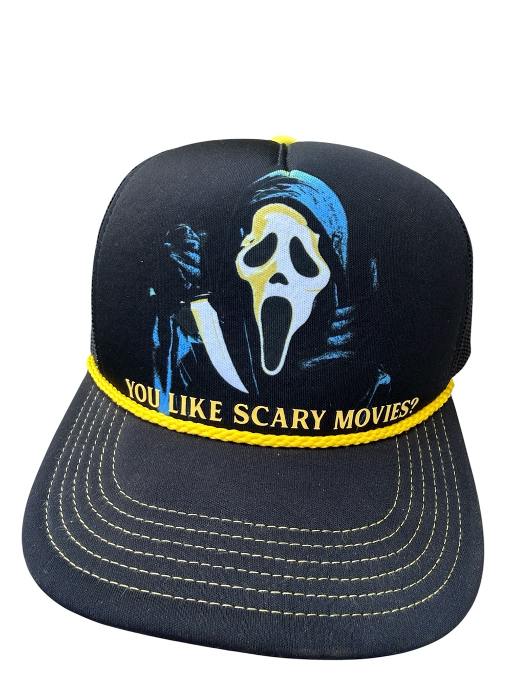 Black "You Like Scary Movies?" Trucker Hat with Yellow Accents